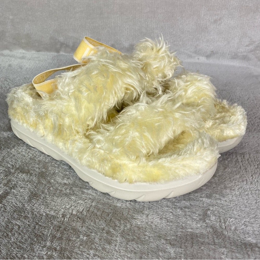 UGG Fluff Sugar Platform Womens Slippers Size 12 Yellow White Faux Fur Slingback